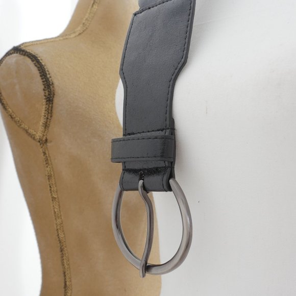 Black Leather Suede Silver Stud Metal Circle Buckle Y2K Rocker 80's Vintage Belt - Picture 9 of 9